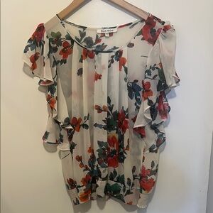 Black Rainn Multicolor Floral Blouse with Ruffle Sleeves - Size Large
